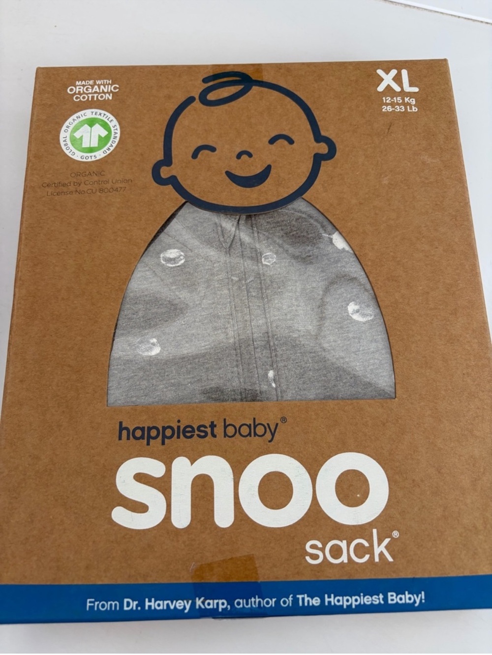 happiest baby Gray Snoo Sack One-Piece Swaddle (XL) And 2 dr brown bottles.